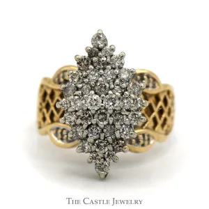 1/2cttw Marquise Shaped Diamond Cluster Ring with Lattice Designed Sides in 10k Yellow Gold