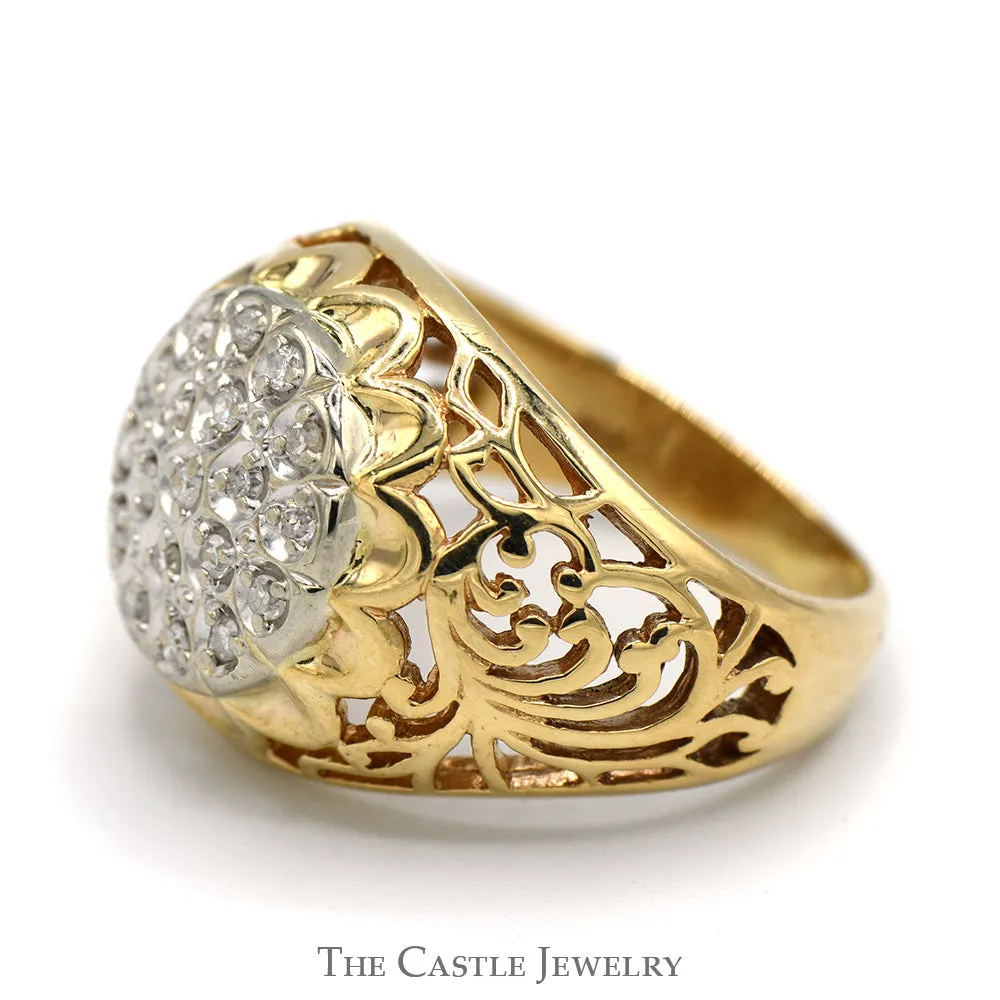 1/4cttw Diamond Kentucky Cluster Ring with Filigree Sides in 10k Yellow Gold