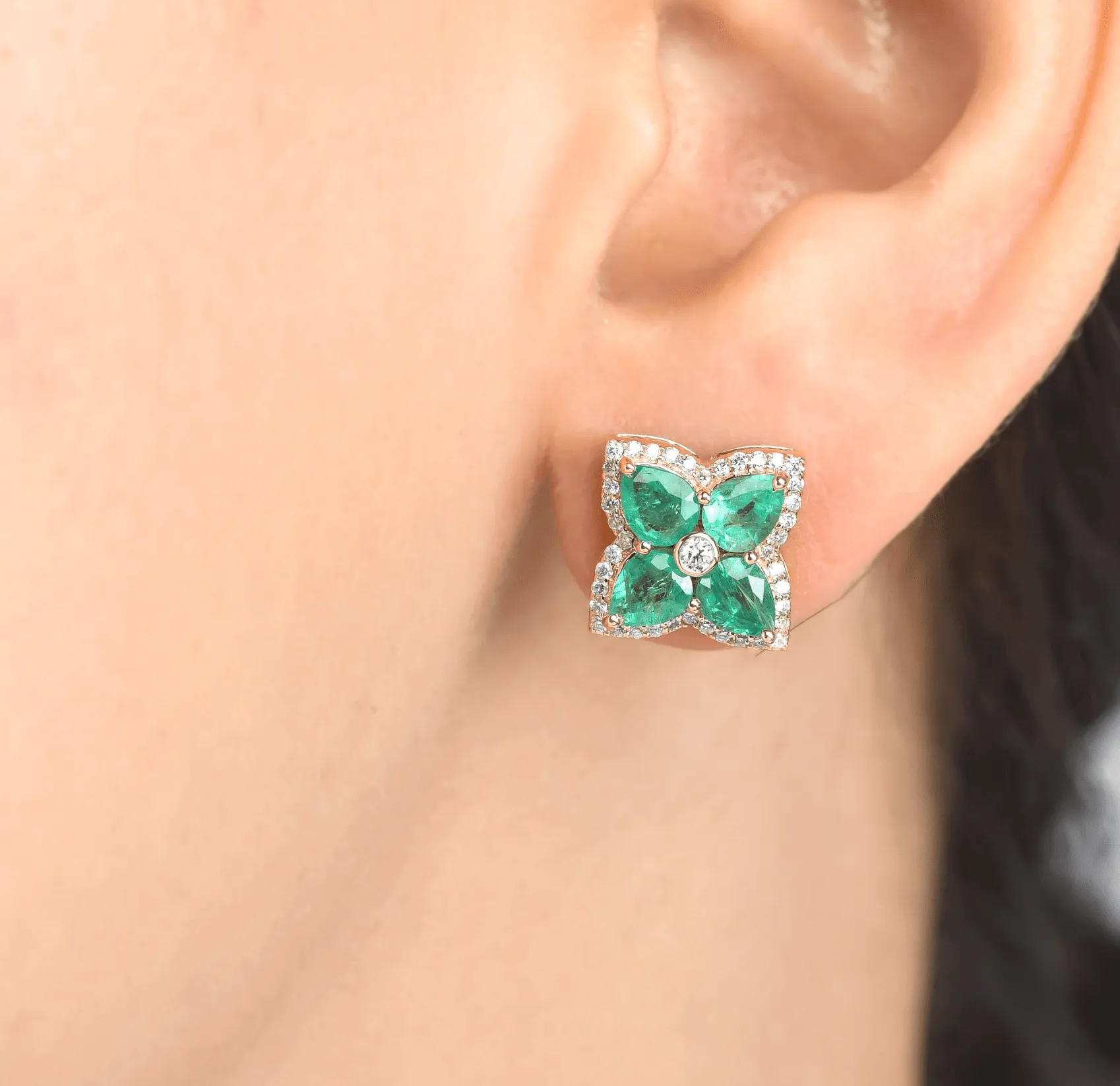 14K & 18K Gold Emerald and Diamond Clover Flower Stud Earrings