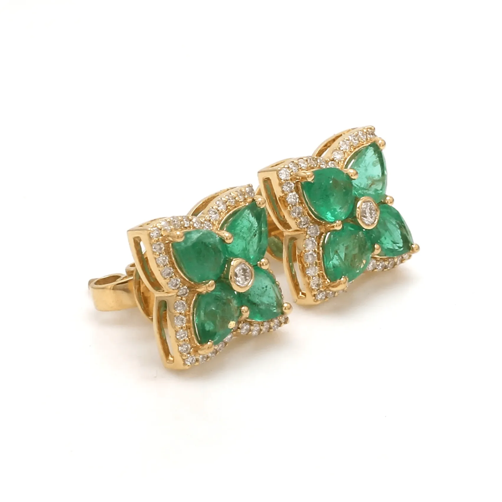 14K & 18K Gold Emerald and Diamond Clover Flower Stud Earrings