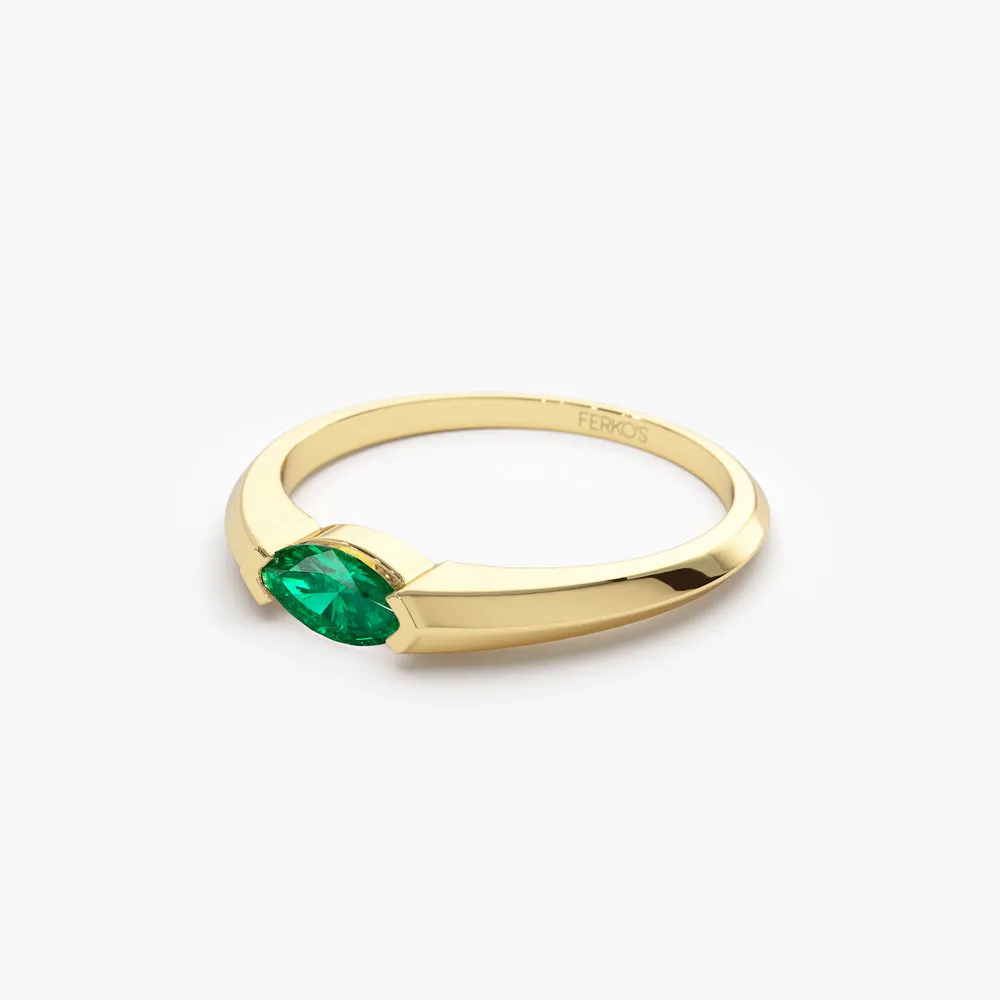 14K Horizontal Marquise Shape Natural Emerald Ring