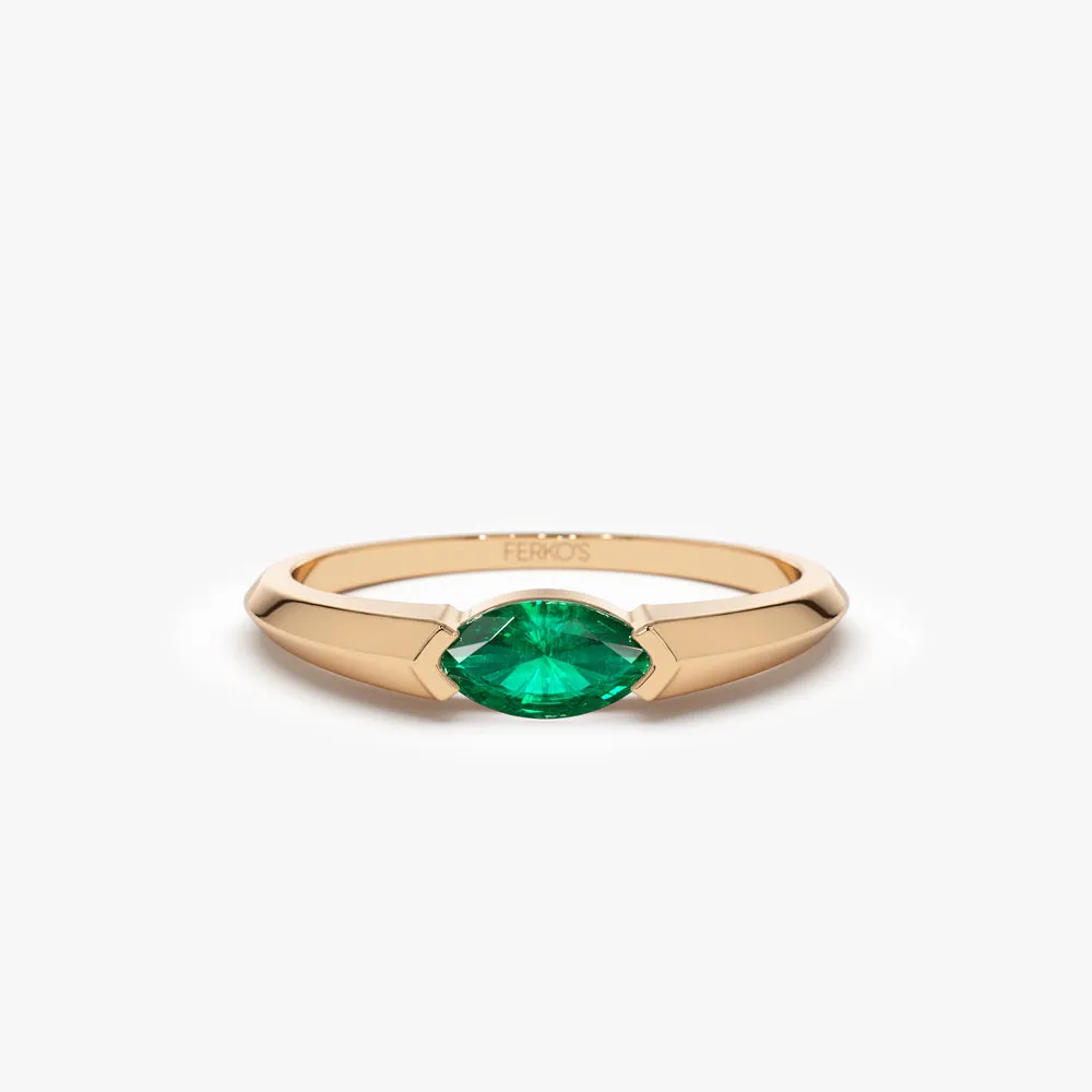 14K Horizontal Marquise Shape Natural Emerald Ring