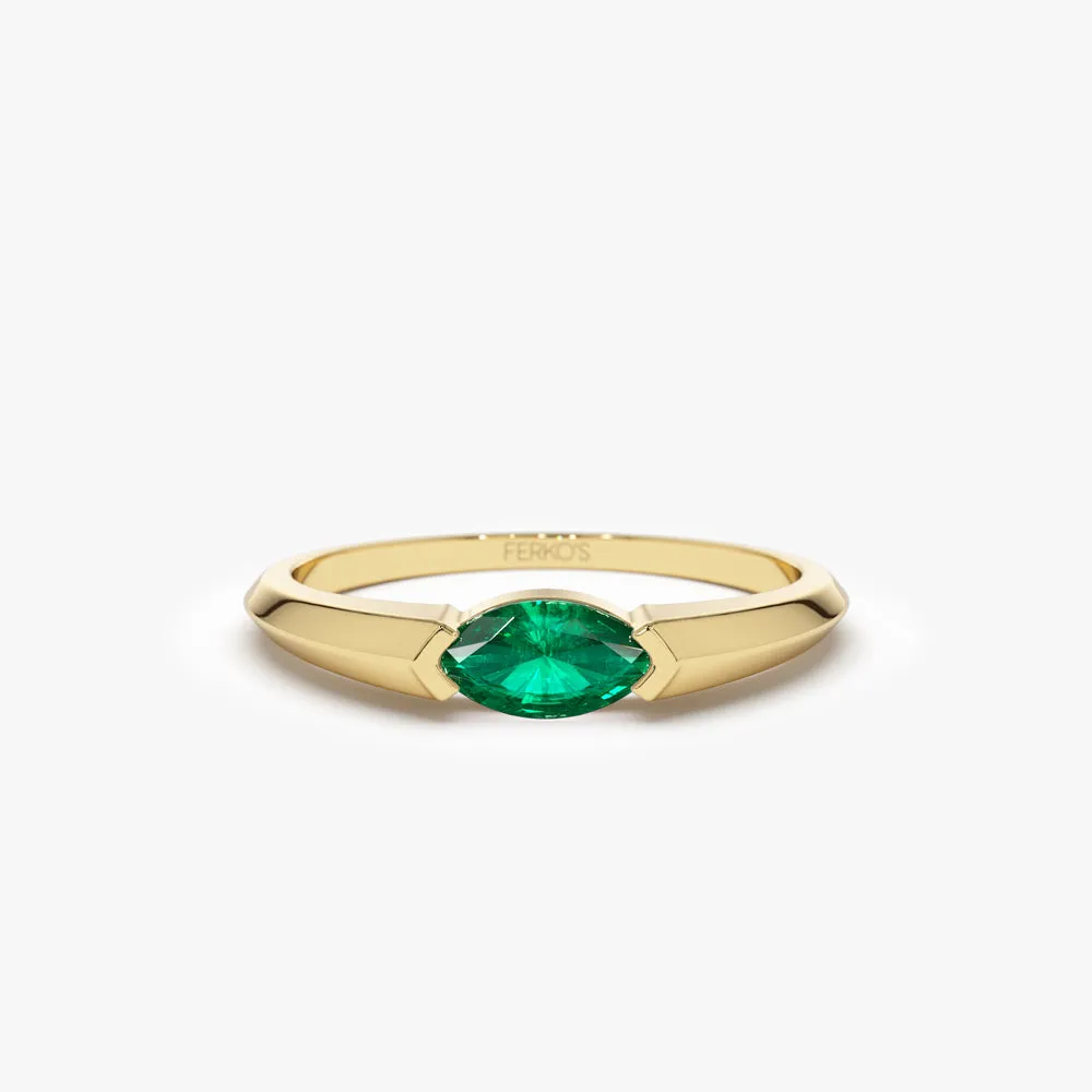 14K Horizontal Marquise Shape Natural Emerald Ring