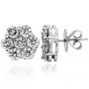 14K Solid White Gold Diamond Cluster Stud Earrings 2.75 Ctw