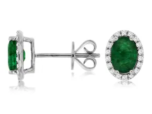 14K W Gold 0.19ct Diamond and 1.40ct Emerald Halo Earrings