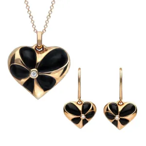 18ct Rose Gold Whitby Jet Diamond Medium Flower Heart Two Piece Set D