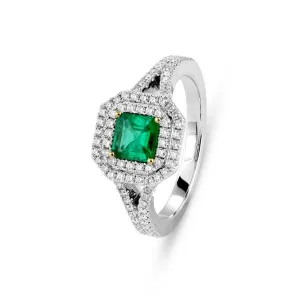 18ct White Gold Square Cut Emerald & Diamond Double Halo Cluster Ring with Split Shoulders