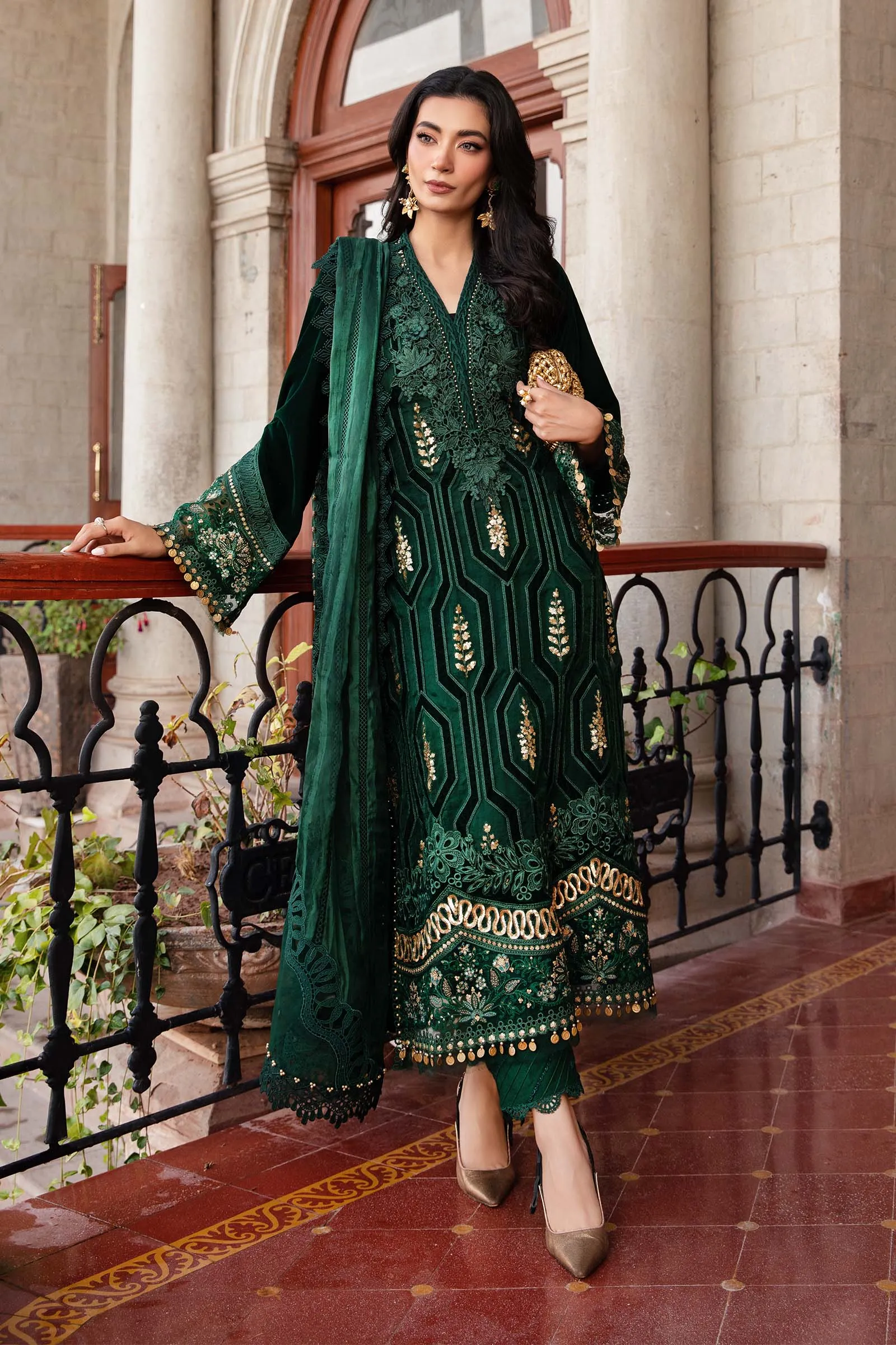 3 Piece Unstitched Embroidered Velvet Suit | DL-1212