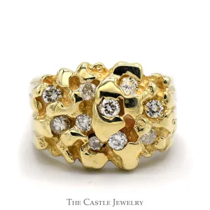 3/4cttw Diamond Cluster Nugget Designed Men's Ring in 10k Yellow Gold