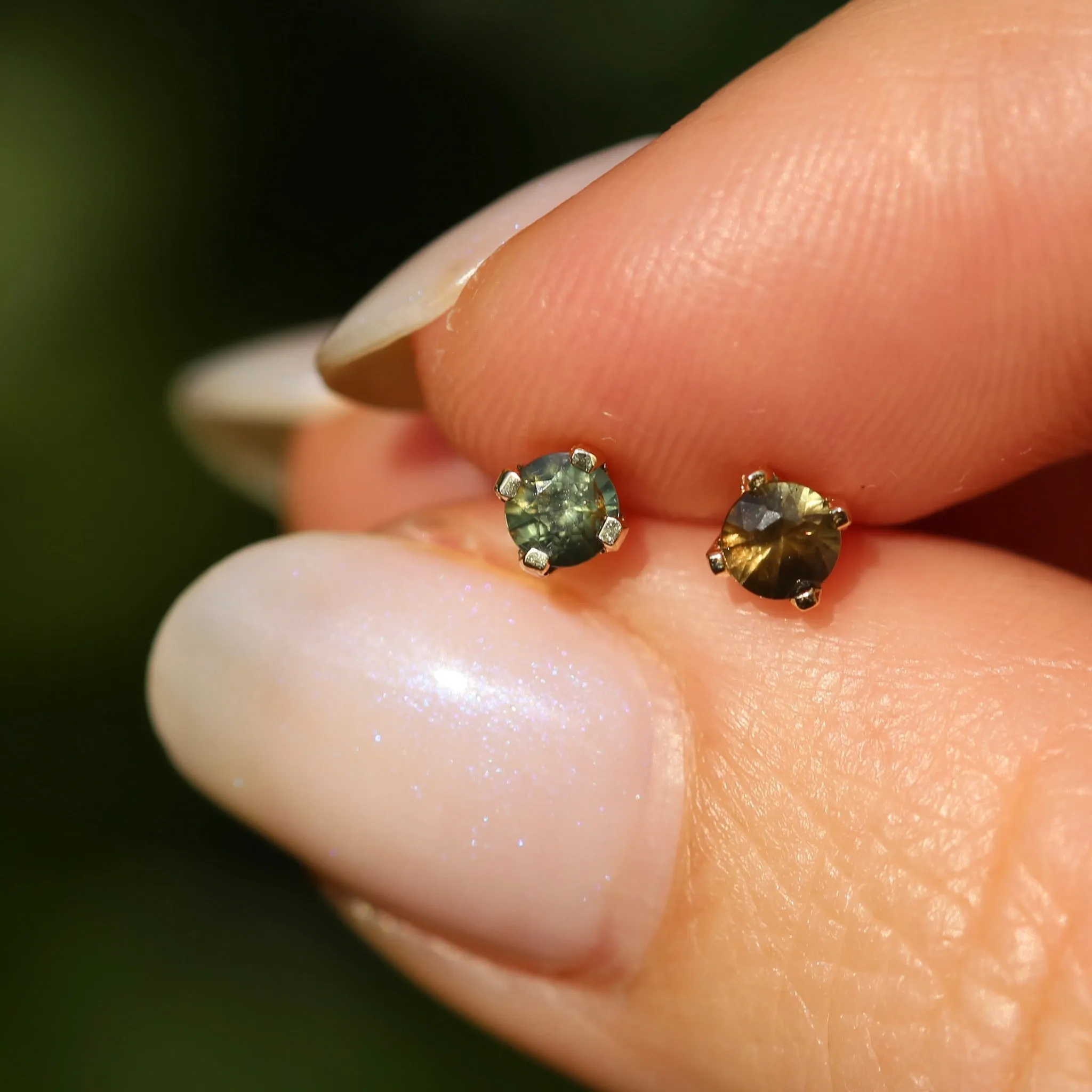 3.5mm Sapphire Stud Earrings, Green Brown, 4 claw 9ct Yellow Gold