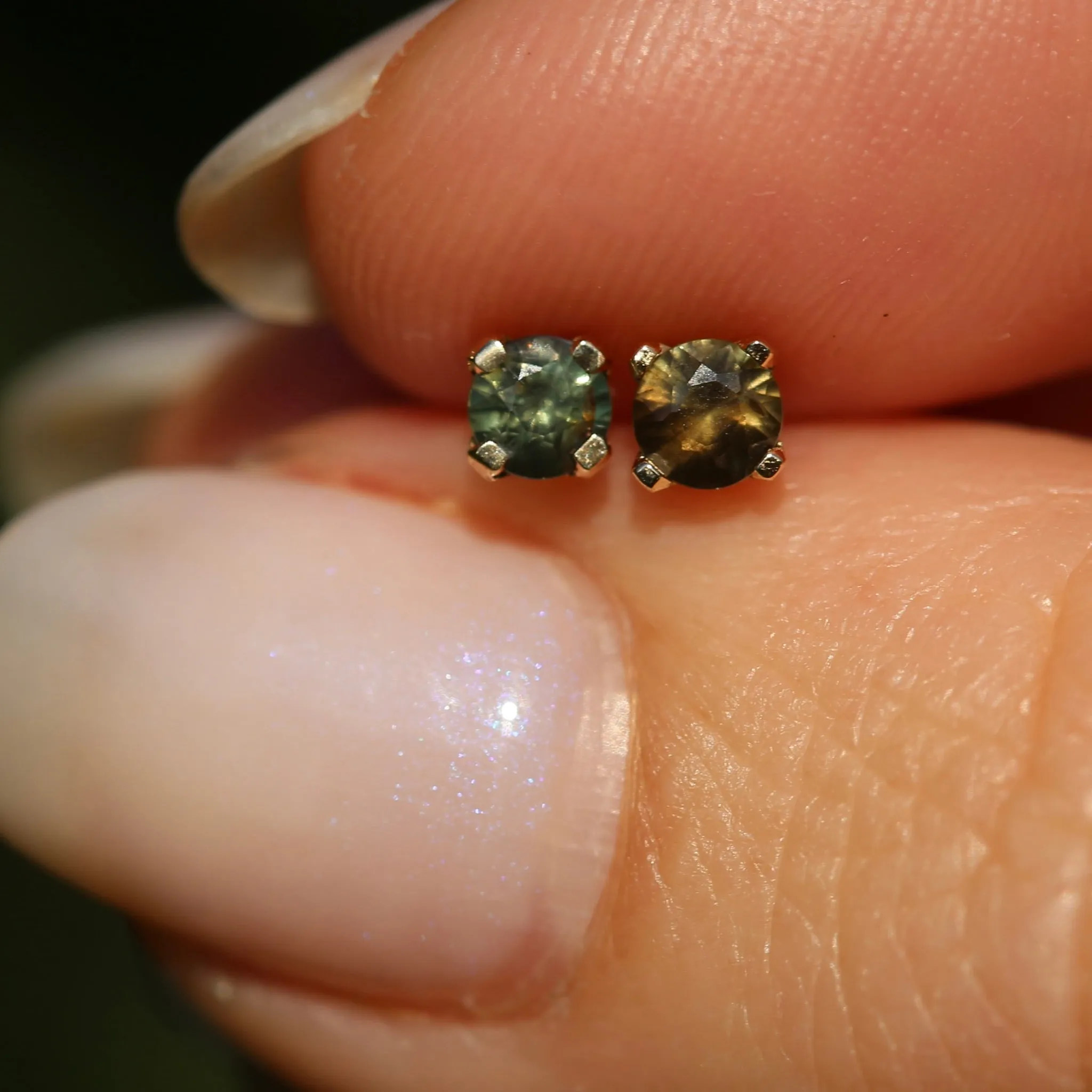 3.5mm Sapphire Stud Earrings, Green Brown, 4 claw 9ct Yellow Gold