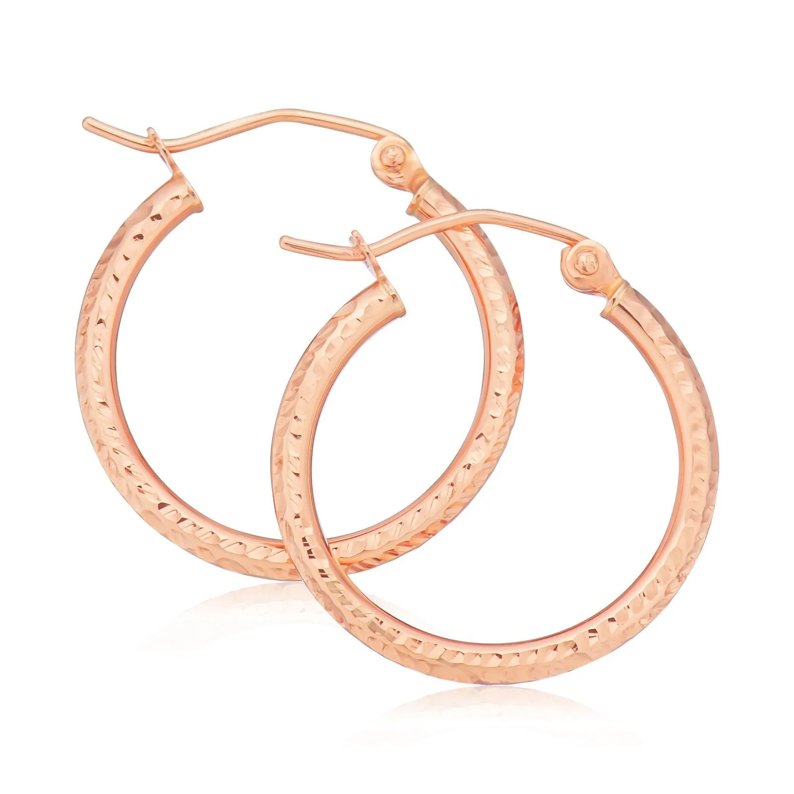 9ct Rose Gold Round Cut 2x20 mm Diacut Hoop Earrings