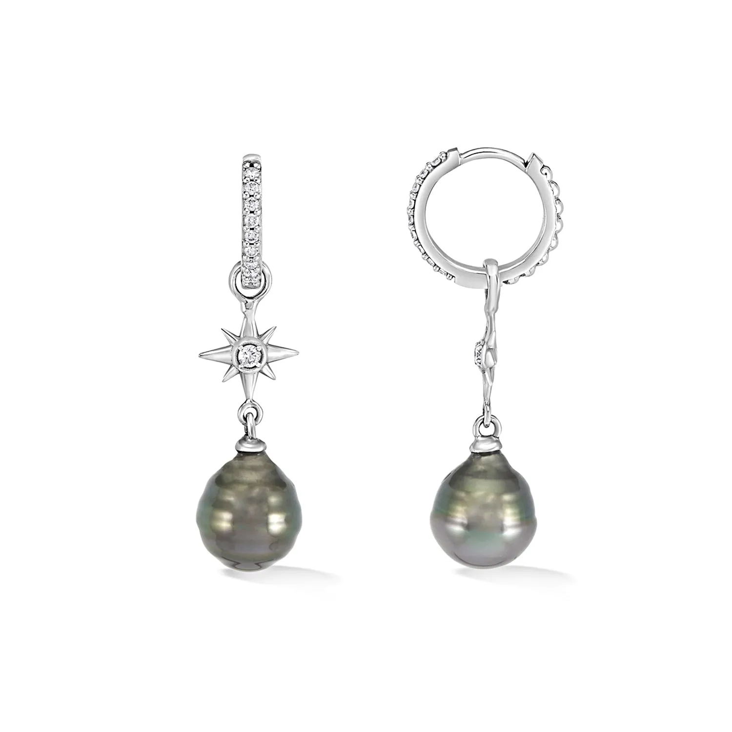 9k Gold & Diamond North Star Hoops with Tahitian Pearls