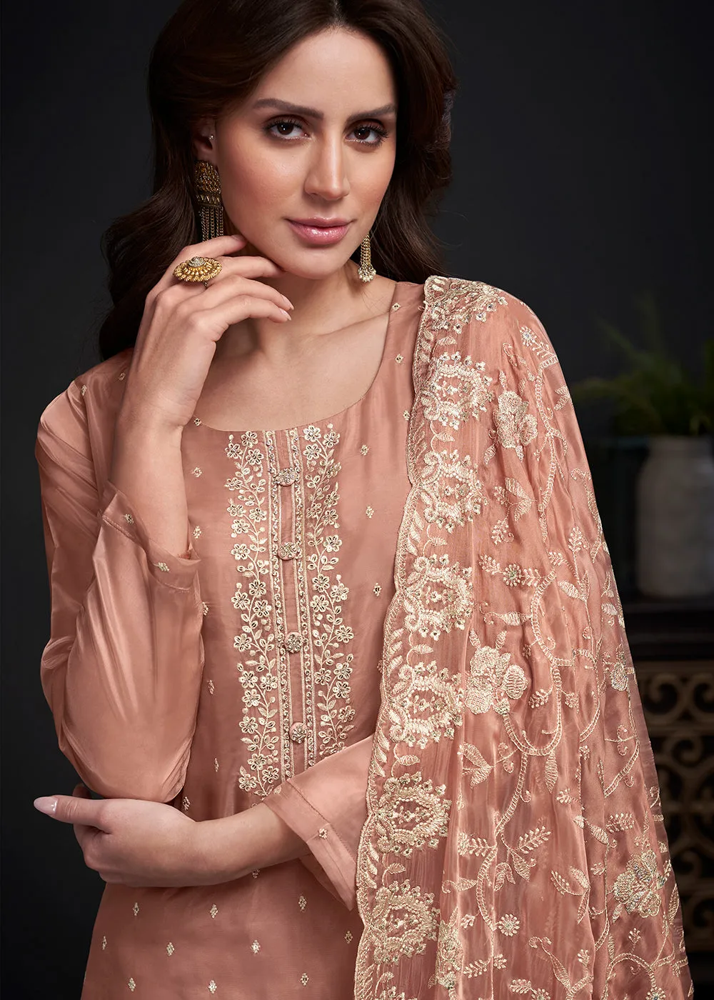 Adorning Peach Embroidered Organza Festive Pant Style Suit