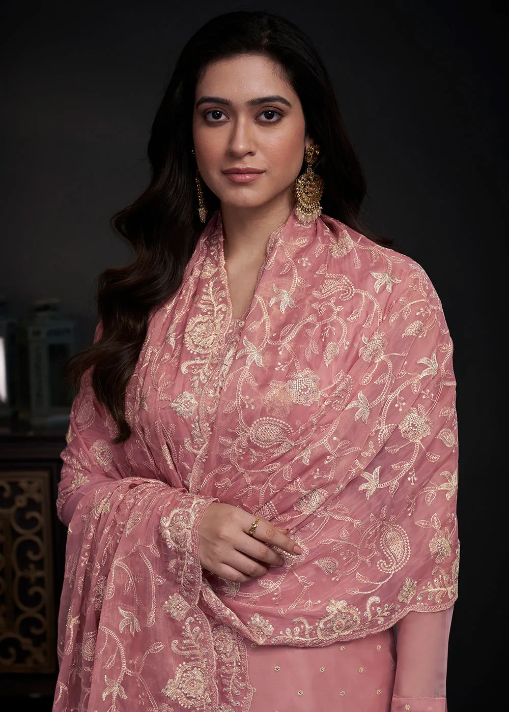 Adorning Pink Embroidered Organza Festive Pant Style Suit