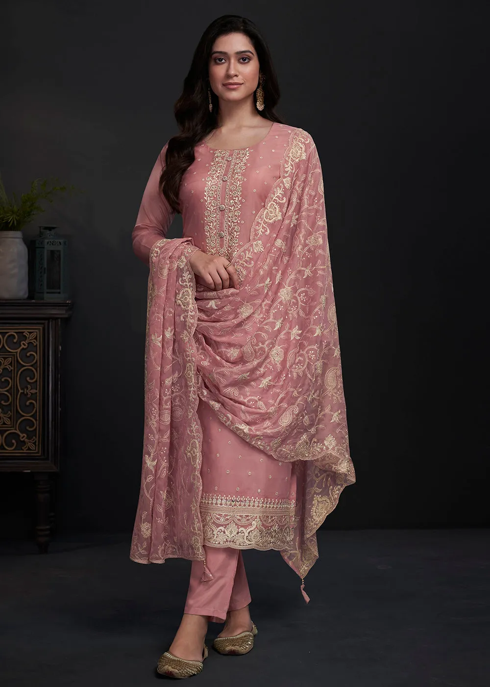 Adorning Pink Embroidered Organza Festive Pant Style Suit