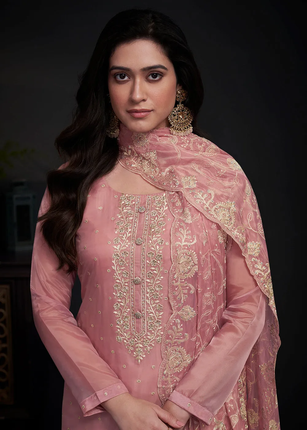 Adorning Pink Embroidered Organza Festive Pant Style Suit