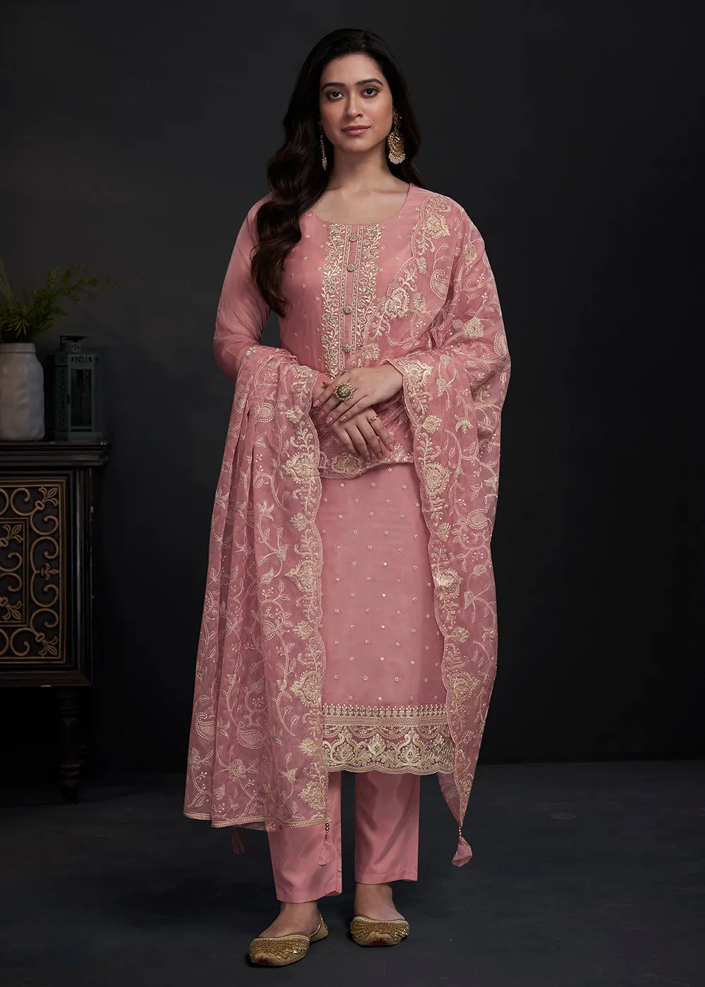 Adorning Pink Embroidered Organza Festive Pant Style Suit