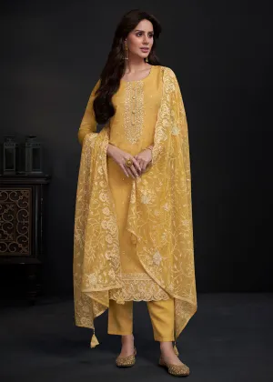 Adorning Yellow Embroidered Organza Festive Pant Style Suit