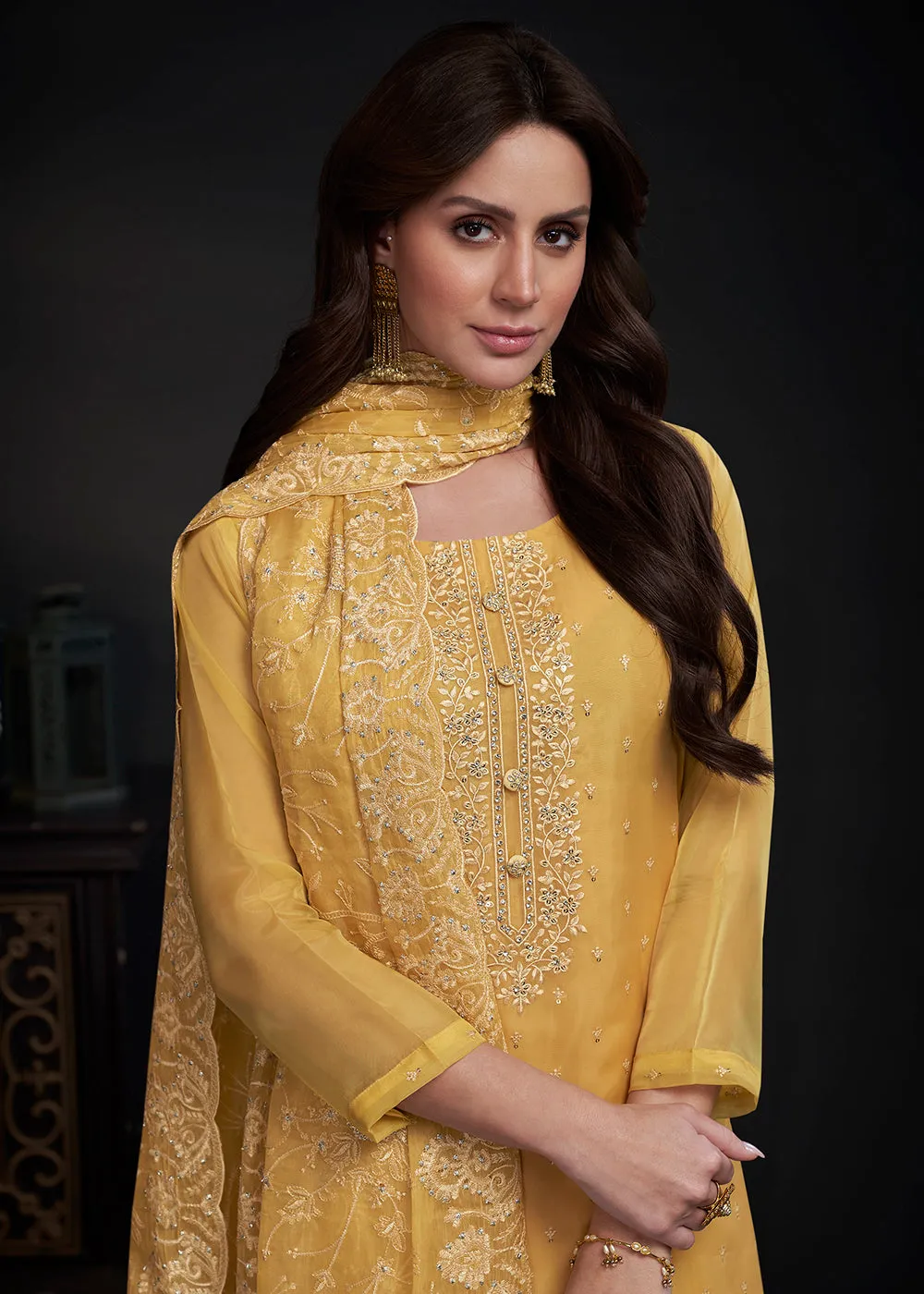 Adorning Yellow Embroidered Organza Festive Pant Style Suit