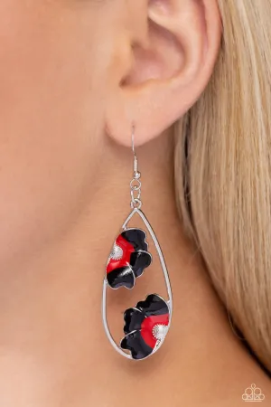 Airily Abloom - Black - and Red Flower Silver Teardrop Paparazzi Fishhook Earrings