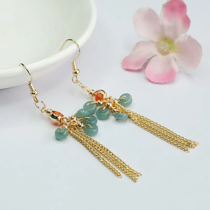 Ancient Style Natural Jade Earrings with Blue Abacus Beads and Tassel Earhook