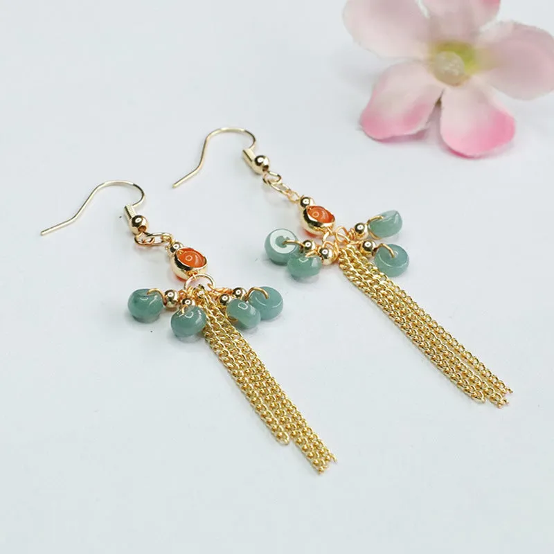 Ancient Style Natural Jade Earrings with Blue Abacus Beads and Tassel Earhook