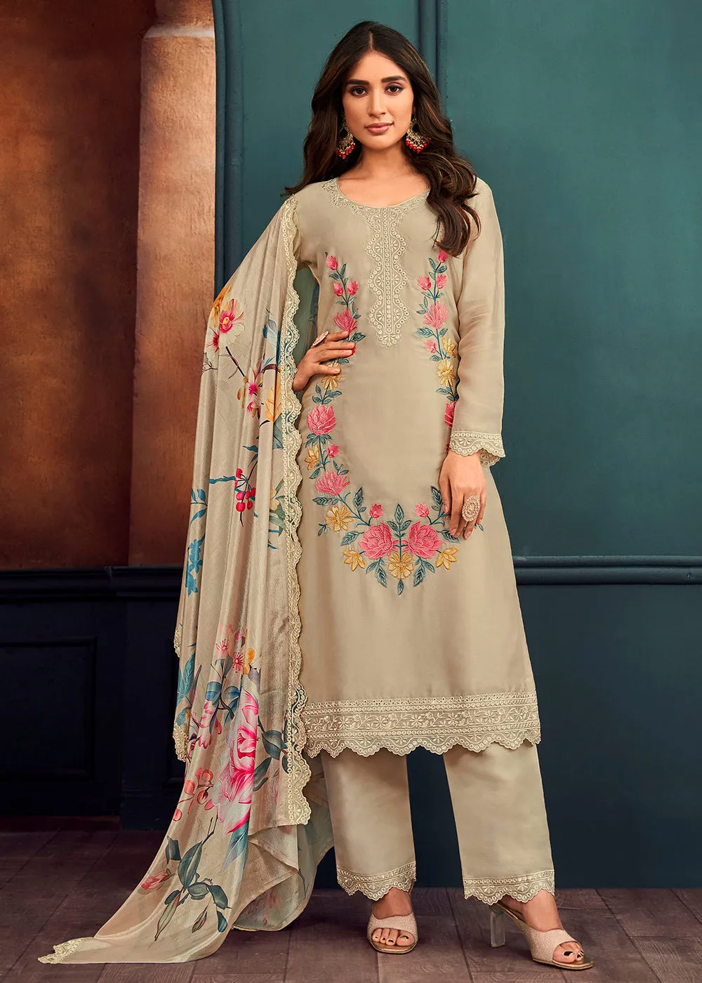 Beautiful Beige Georgette Festive Salwar Kurta Suit