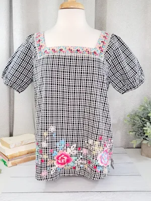 Black & White Check Top W/ Embroidery