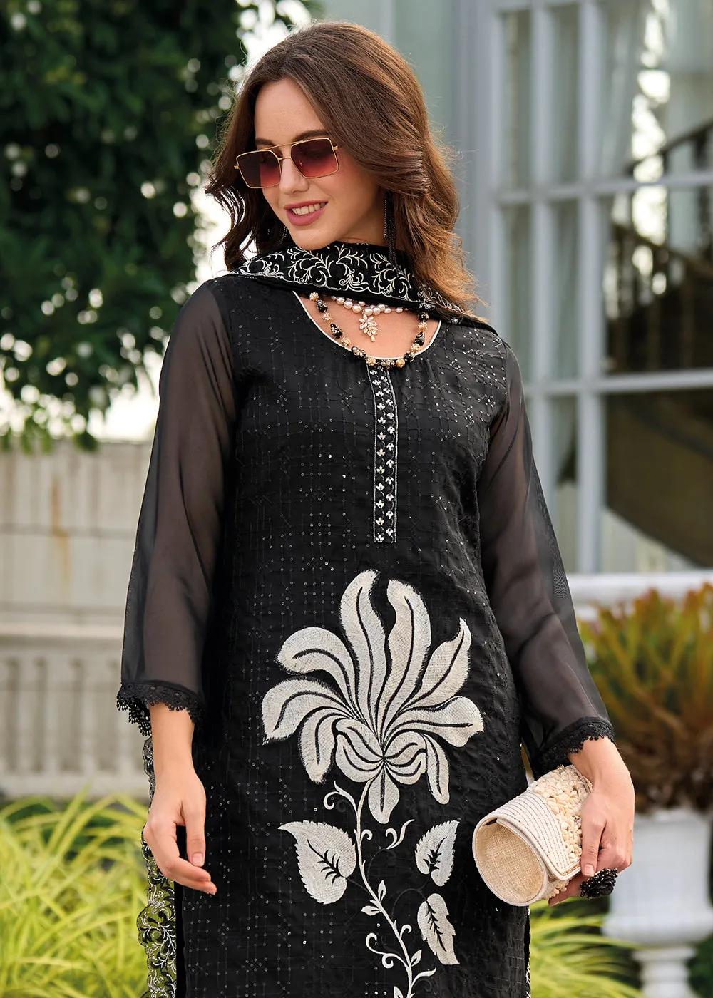 Black Heavy Organza GPU Lace Work Pant Style Salwar Suit