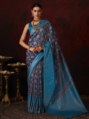 Blue Patola Printed Silk Wedding Wear Saree With Blouse