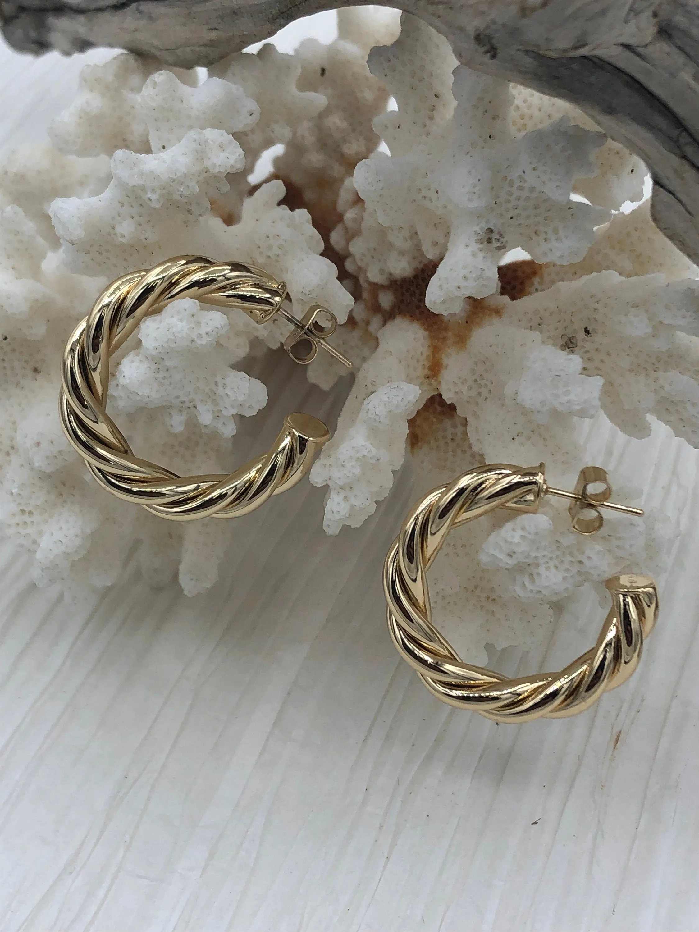 Brass Gold Huggie Hoop Earring, Round Hoop, Bold Hoops, Statement Hoops, Twisted Hoops, 30mmx5mm Gold or Silver Sold as a set. Fast Ship