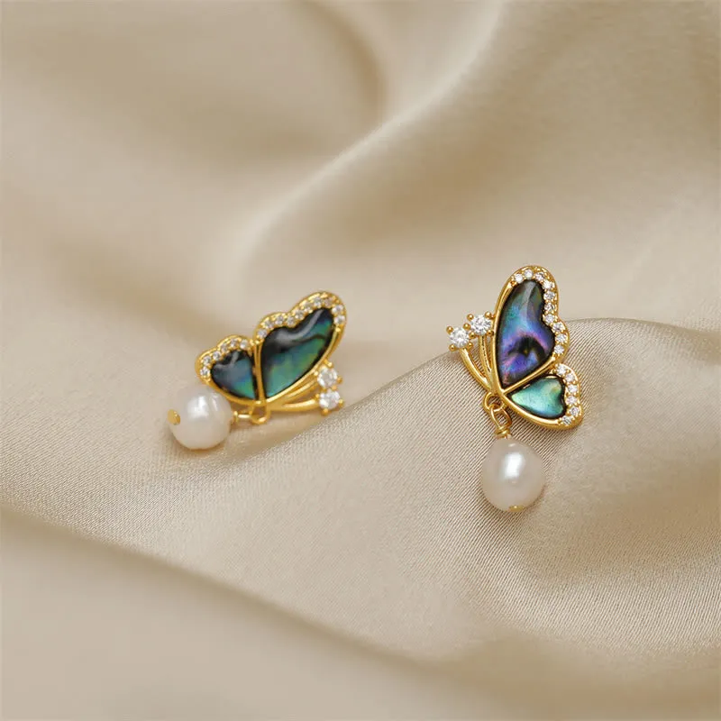 Buddha Stones 18K Gold Plated Copper Pearl Butterfly Love Stud Earrings