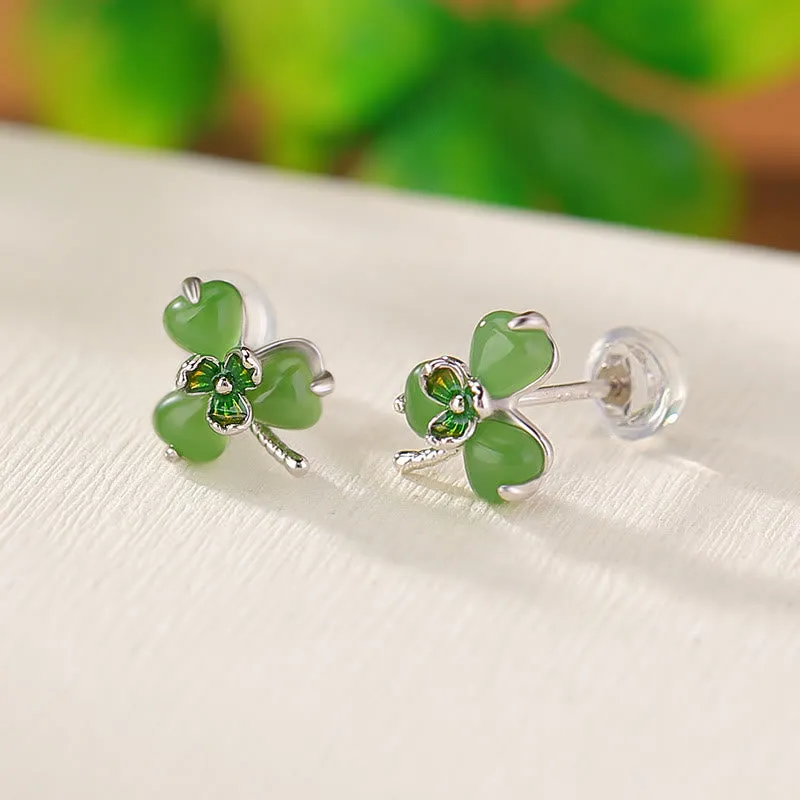 Buddha Stones 925 Sterling Silver Enamel Hetian Jade Shamrock Luck Earrings