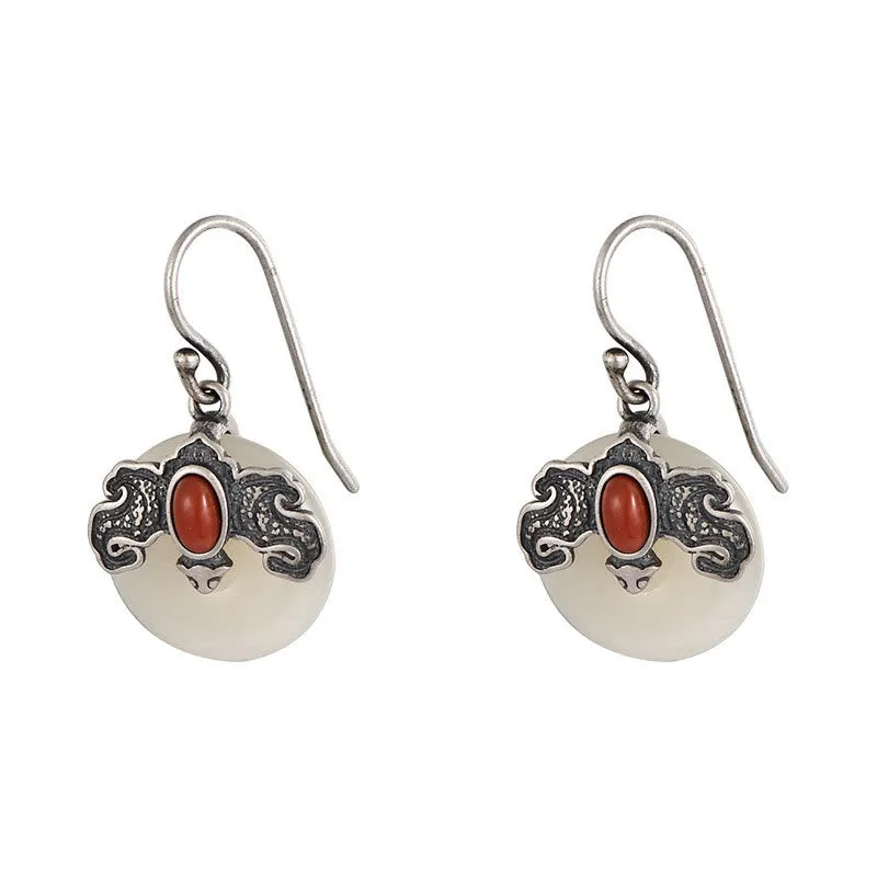 Buddha Stones 925 Sterling Silver Hetian Jade Red Agate Bat Prosperity Ring Earrings Set