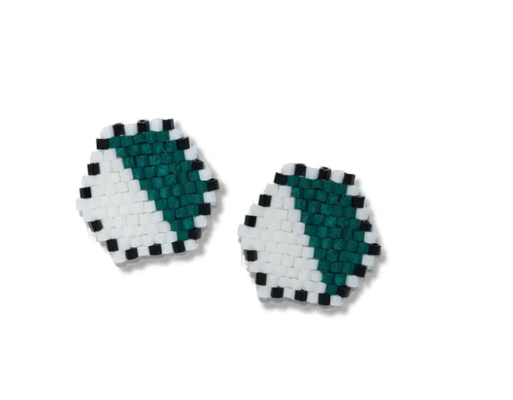 Casey Two Color Hexagon Post Beaded Earrings Bright Emerald/Ivory