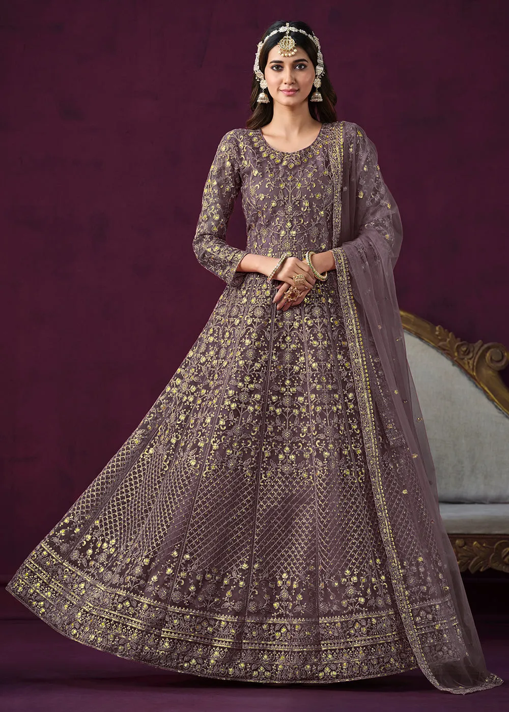 Charming Purple Embroidered Net Floor Length Anarkali Suit