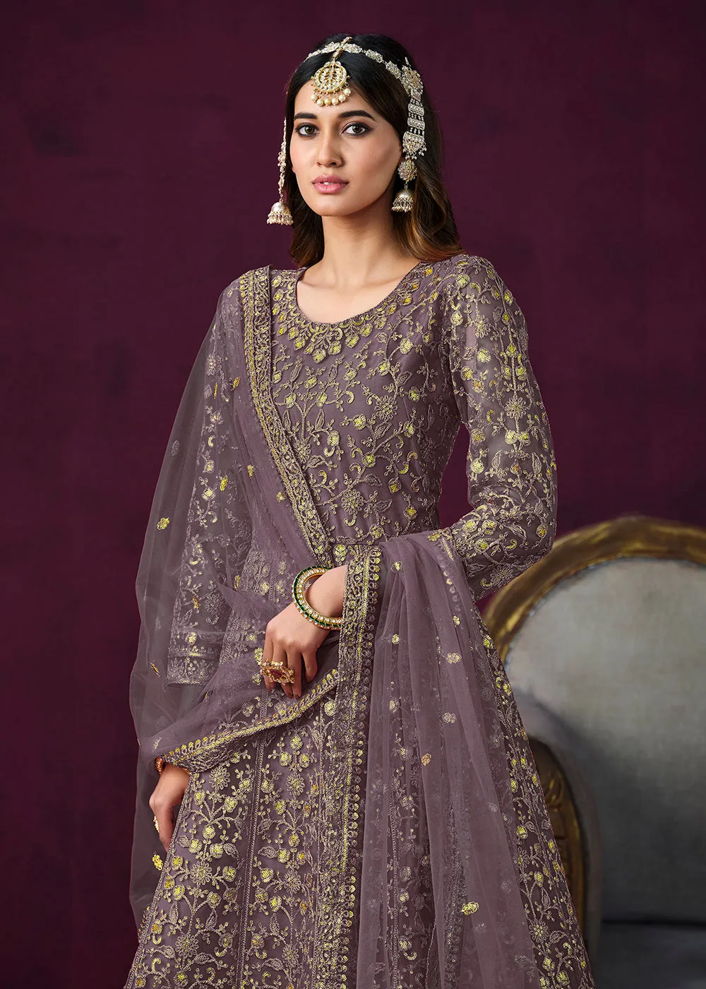 Charming Purple Embroidered Net Floor Length Anarkali Suit