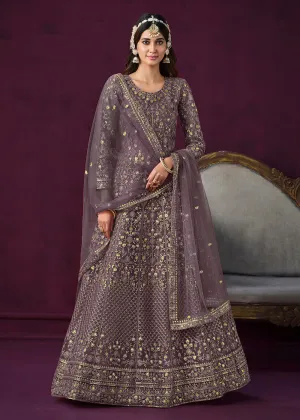 Charming Purple Embroidered Net Floor Length Anarkali Suit