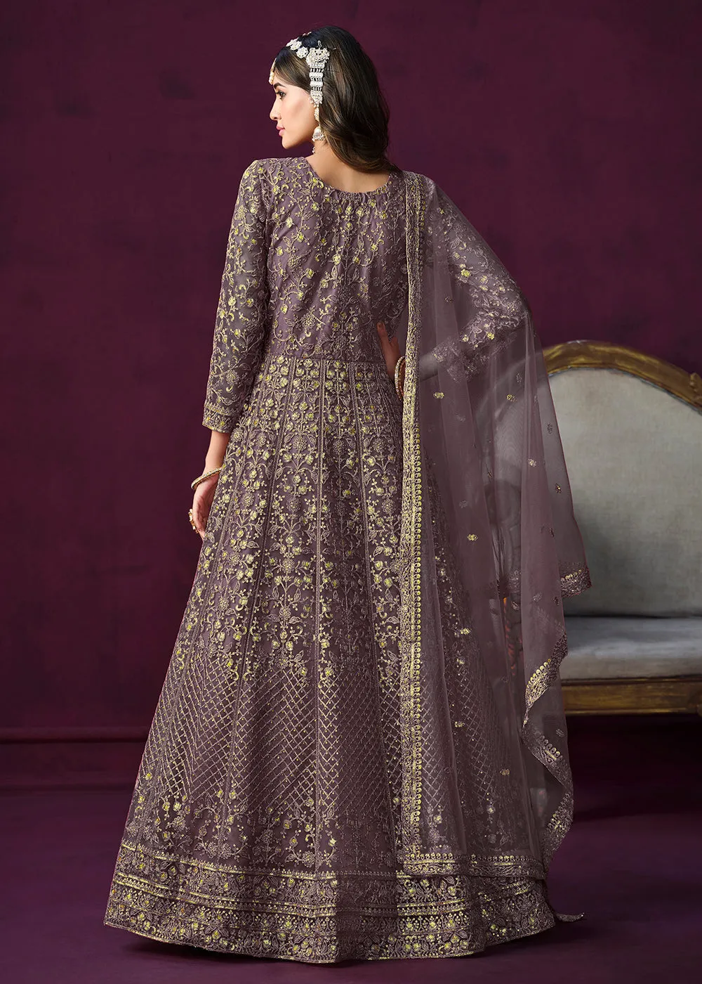 Charming Purple Embroidered Net Floor Length Anarkali Suit