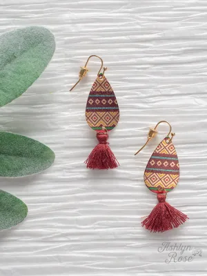 Dainty Details Metal and Fringe Earrings, Maroon