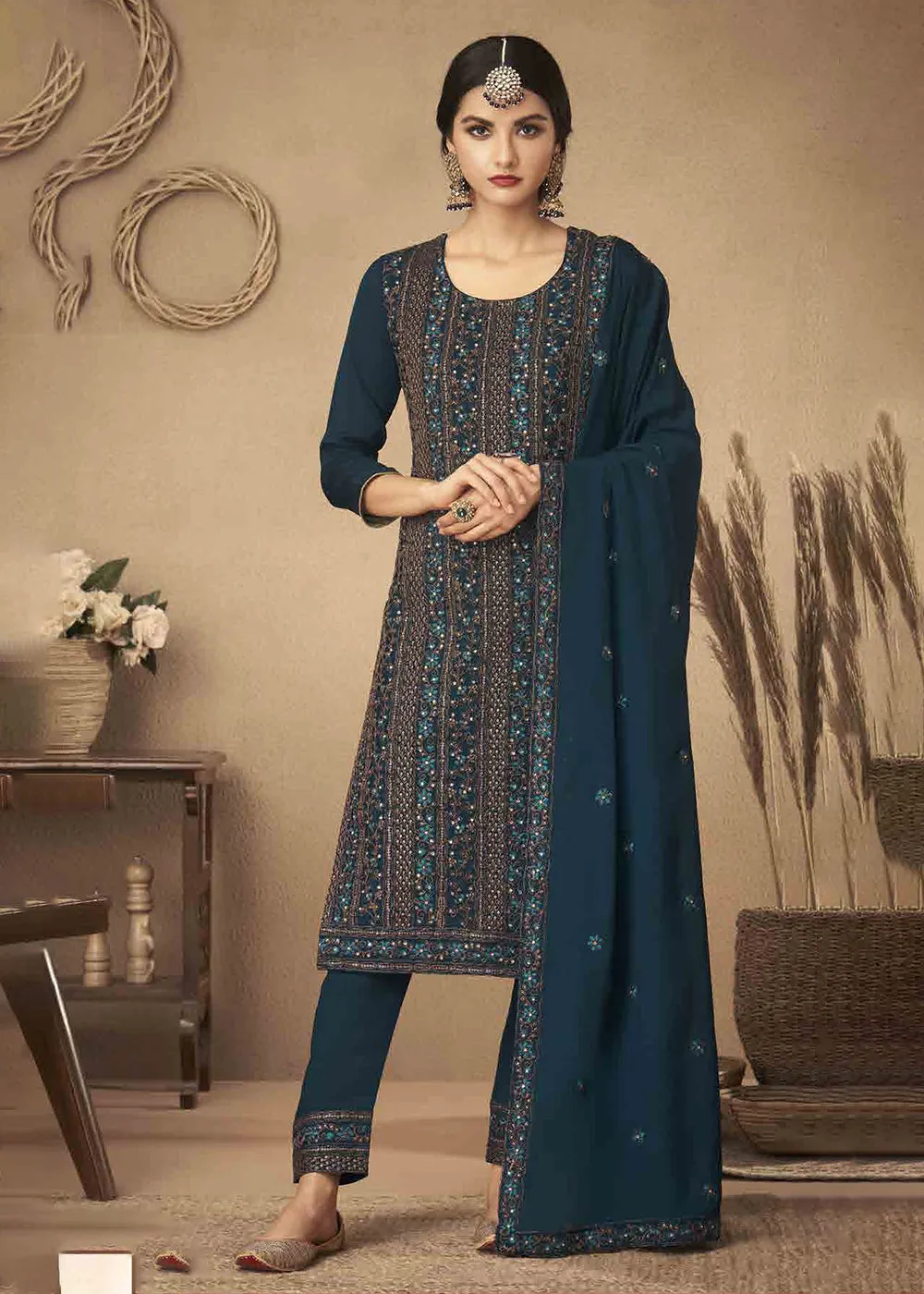 Dark Blue Cording & Swarovski Embroidered Trendy Salwar Suit