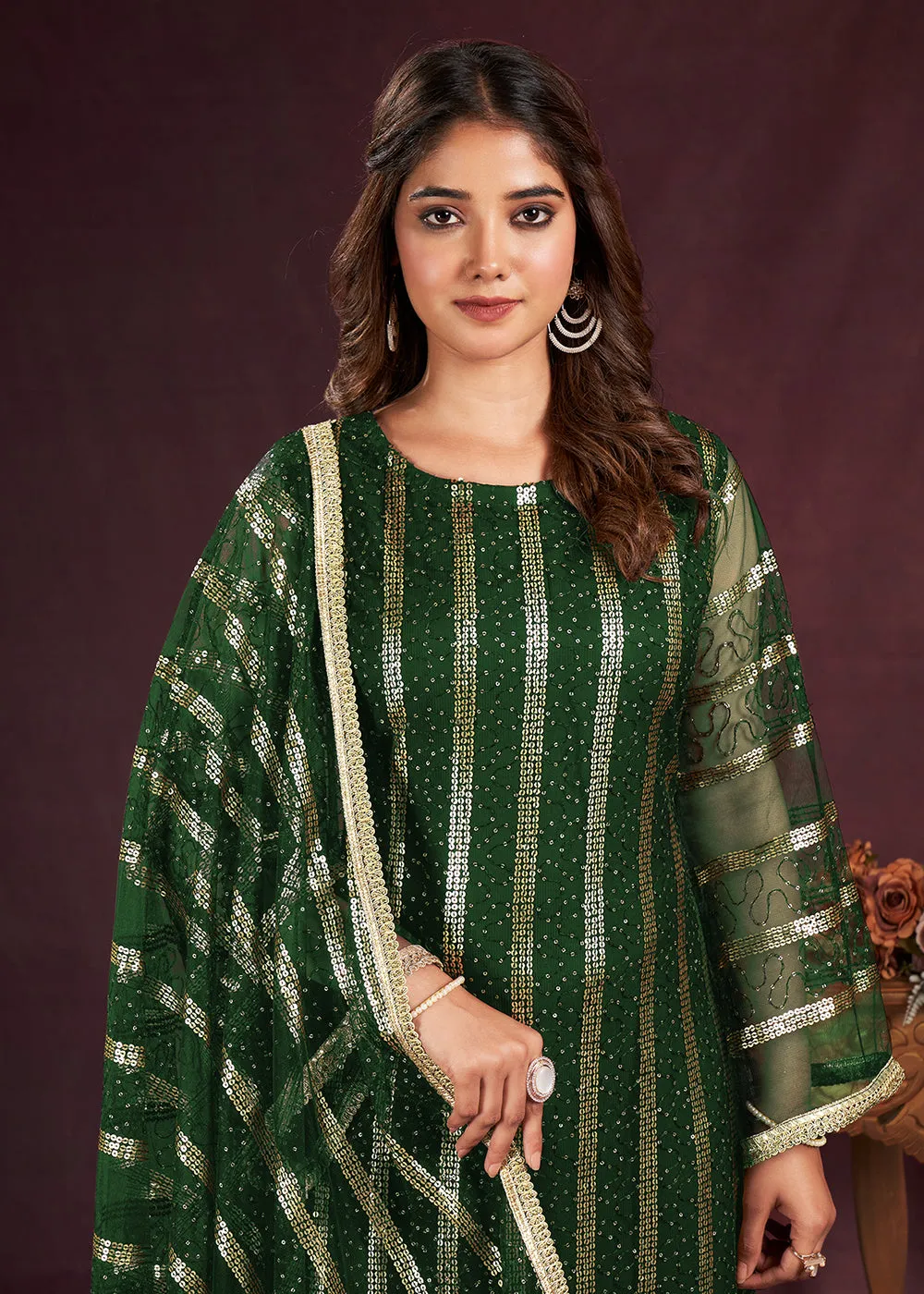 Dark Green Butterfly Net Embroidered Festive Salwar Suit