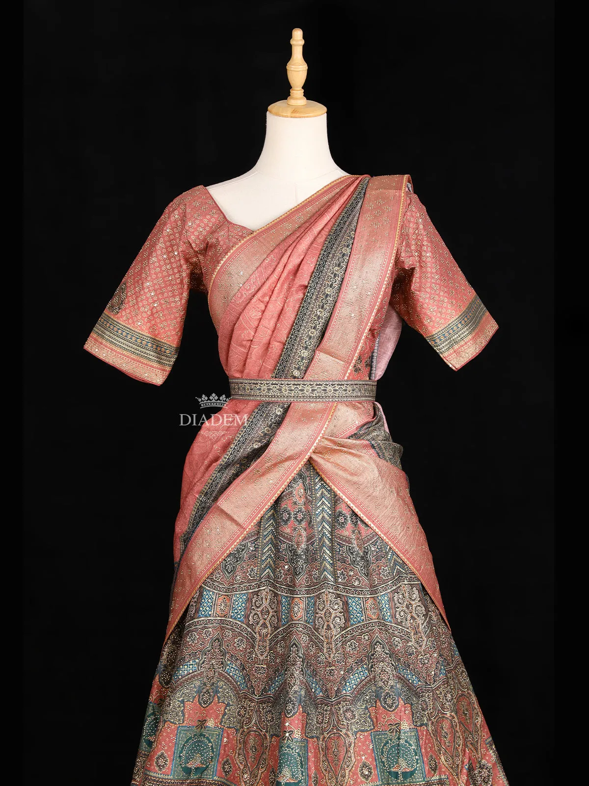 Dark Peach Lehenga Adorned with Floral Prints, with Matching Belt and Dupatta