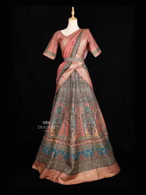 Dark Peach Lehenga Adorned with Floral Prints, with Matching Belt and Dupatta