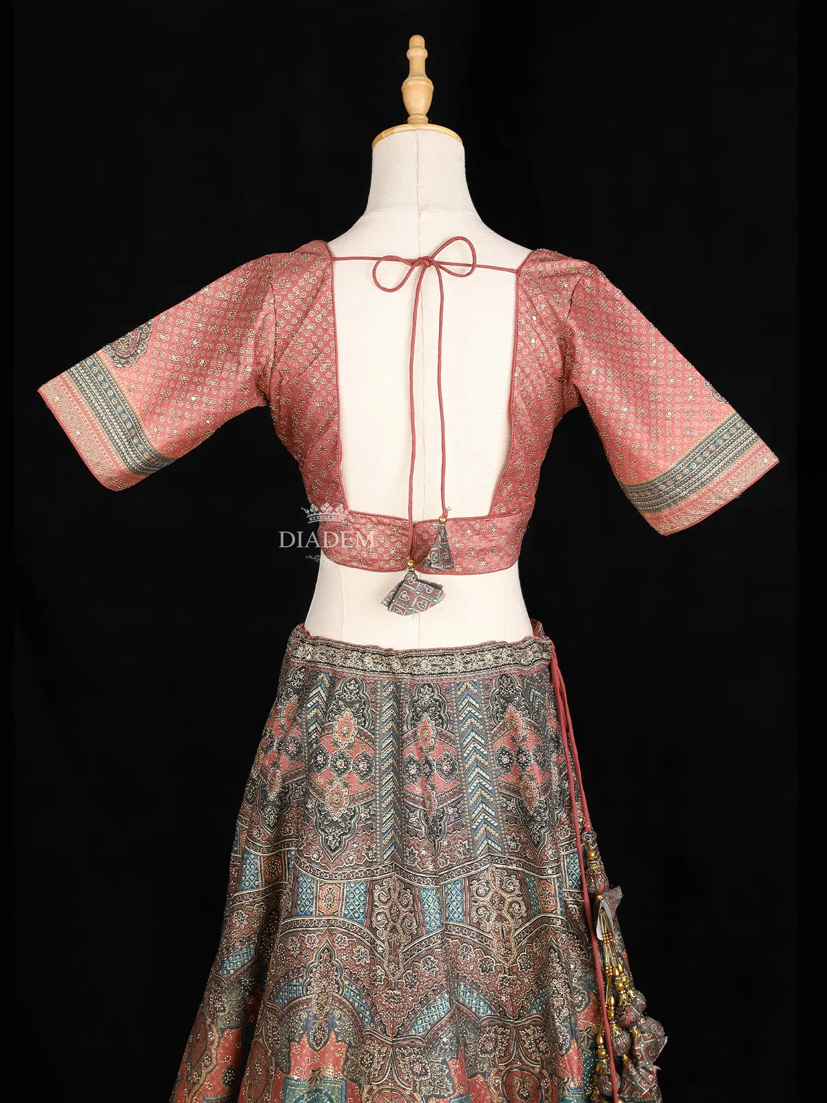 Dark Peach Lehenga Adorned with Floral Prints, with Matching Belt and Dupatta