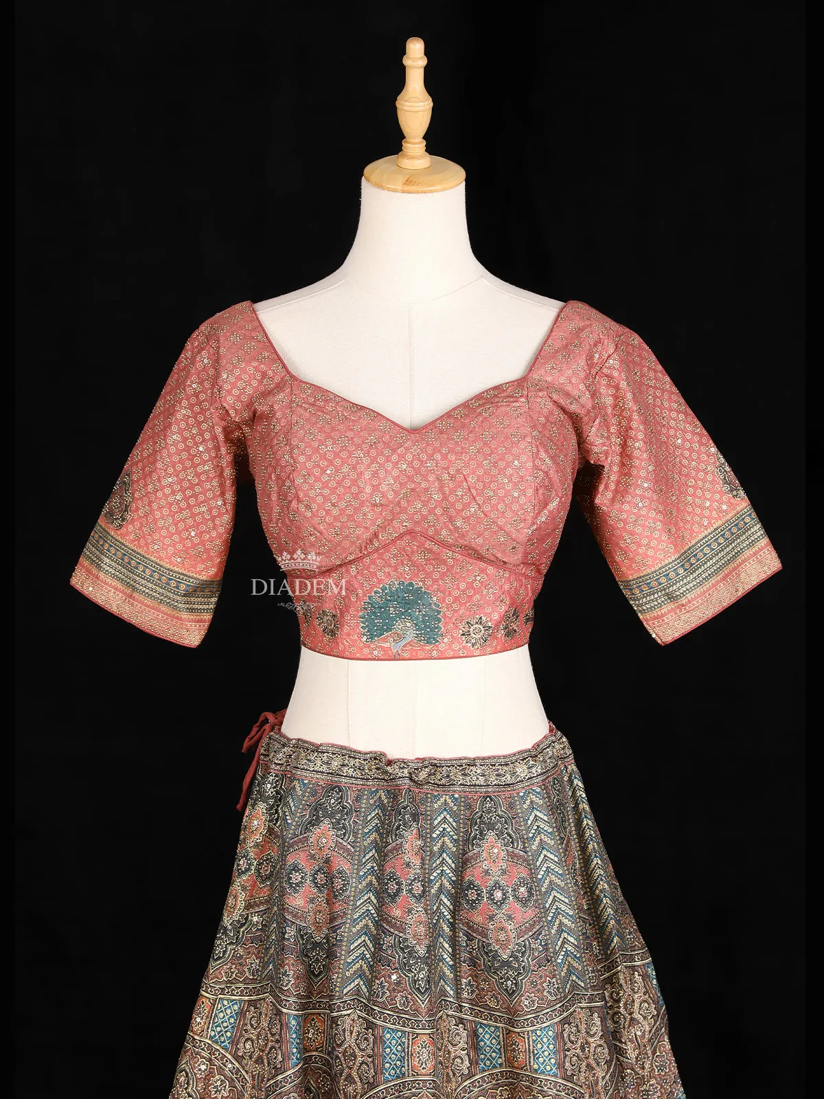 Dark Peach Lehenga Adorned with Floral Prints, with Matching Belt and Dupatta