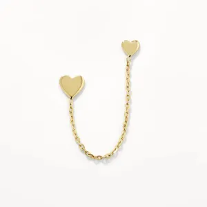 Double Heart Chain Single Stud Earring in 10k Gold