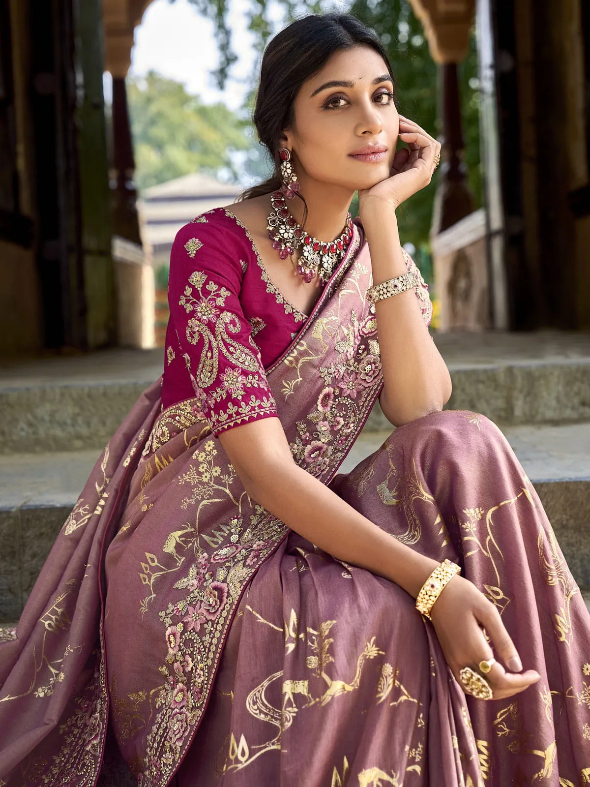 dusty rose gadwal silk saree with elegant embroidery and handwork