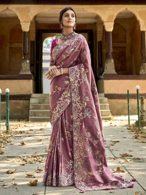 dusty rose gadwal silk saree with elegant embroidery and handwork